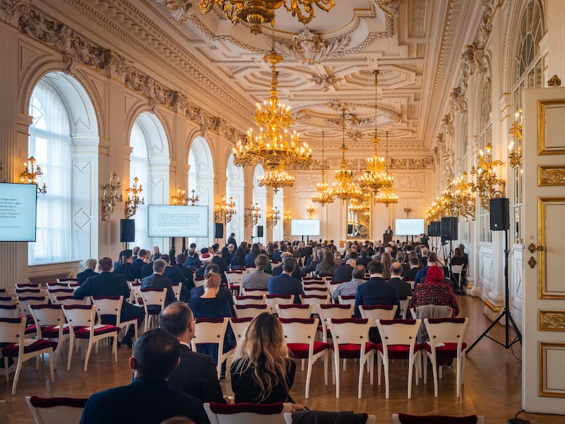 Participants of the High-Level International Conference of the Article 18 Alliance (International Religious Freedom or Belief Alliance) listen to a speech during a conference session at Prague Castle, the official residence of the President of the Czech Republic, on Wednesday, Nov. 12, 2025.
