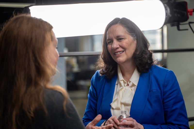 Tanise Chung-Hoon, BYU–Pathway Worldwide vice president of advancement, right, speaks to Church News reporter Mary Richards during the filming of the Church News podcast episode released Tuesday, Feb. 3, 2026.