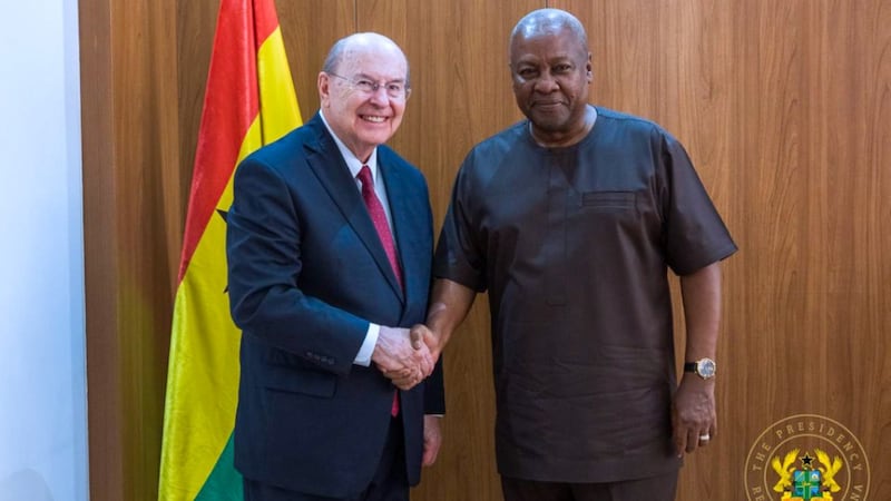 Elder Quentin L. Cook of the Quorum of the Twelve Apostles greets the president of Ghana, John Mahama, at the beginning of their meeting in Accra, Ghana, Feb. 17, 2026.