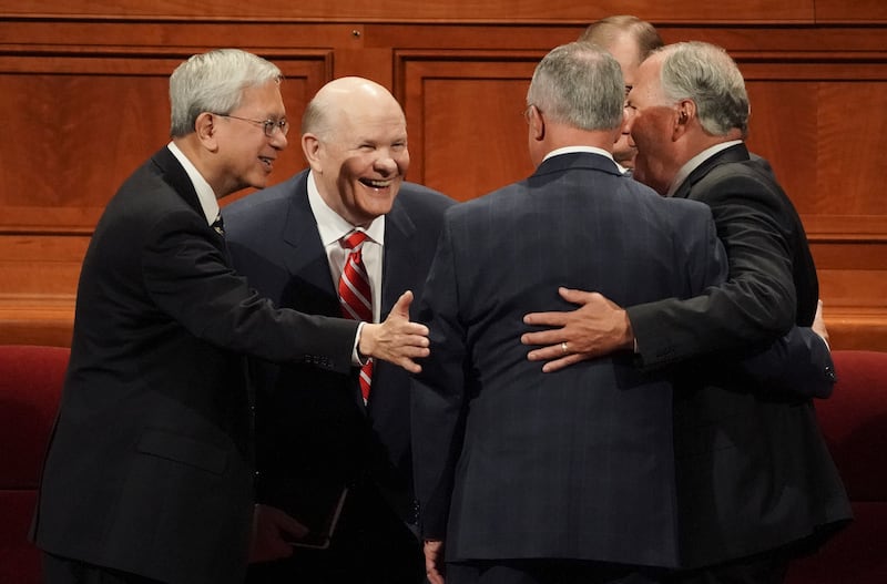 Members of the Quorum of the Twelve Apostles Elder Gerrit W. Gong, Elder Dale G. Renlund, Elder Ulisses Soares, Elder Gary E. Stevenson and Elder Ronald A. Rasband talk prior to the Sunday afternoon session of the 189th Semiannual General Conference of The Church of Jesus Christ of Latter-day Saints in Salt Lake City on Oct. 6, 2019.