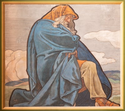 This fresco painting of King Hezekiah is by Felix Jenewein (1857-1905) and is shown in the church Neuottakringer Pfarrkirche in Vienna, Austria, on July 5, 2021.