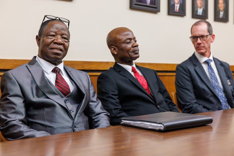 The new bishopric of the Treasure Valley Ward (Swahili) in the Boise Idaho Stake is pictured on the day of the ward's creation, Sunday, Feb. 8, 2026. From left are Blema Fangamou, first counselor; Bishop Denis Akulu; and Adam Pishl, second counselor.