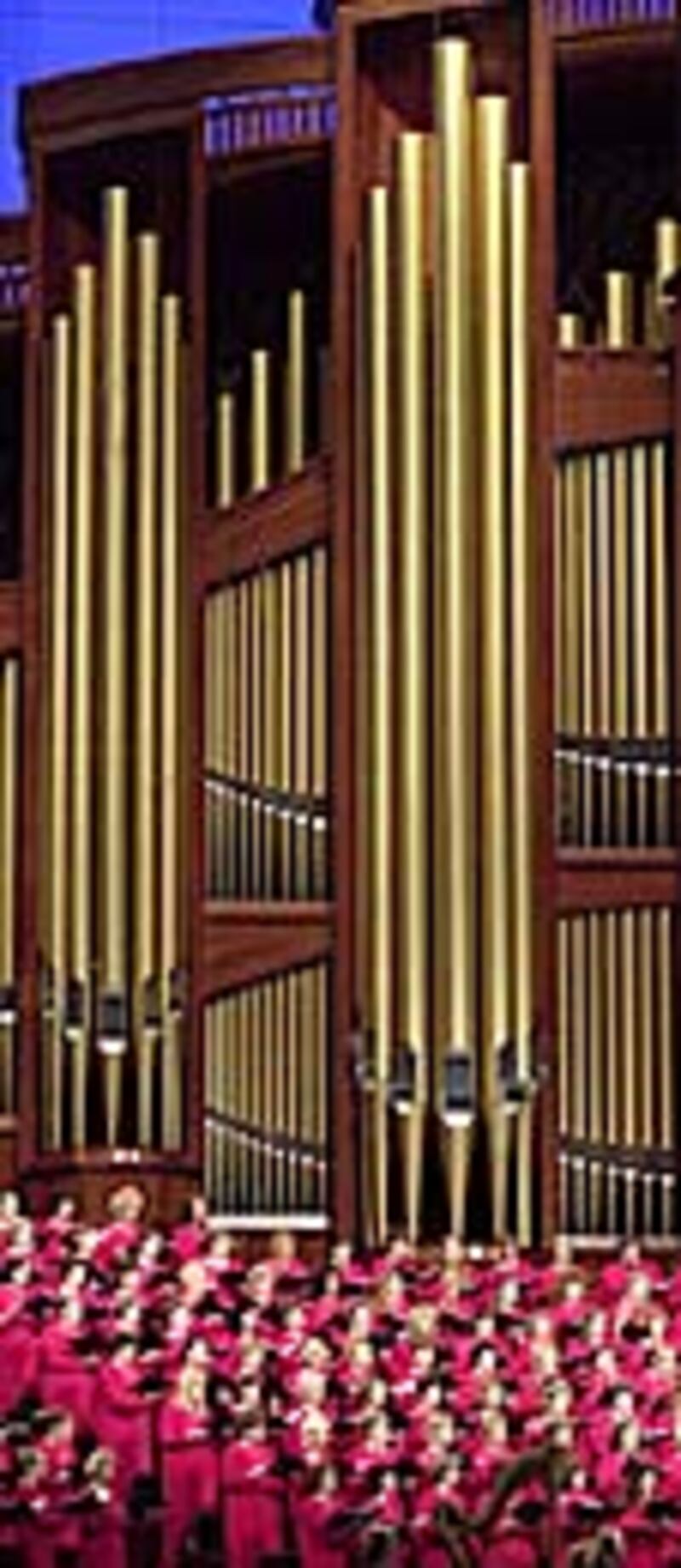 Beneath pipes of new Conference Center organ, Tabernacle Choir performs Sunday morning.