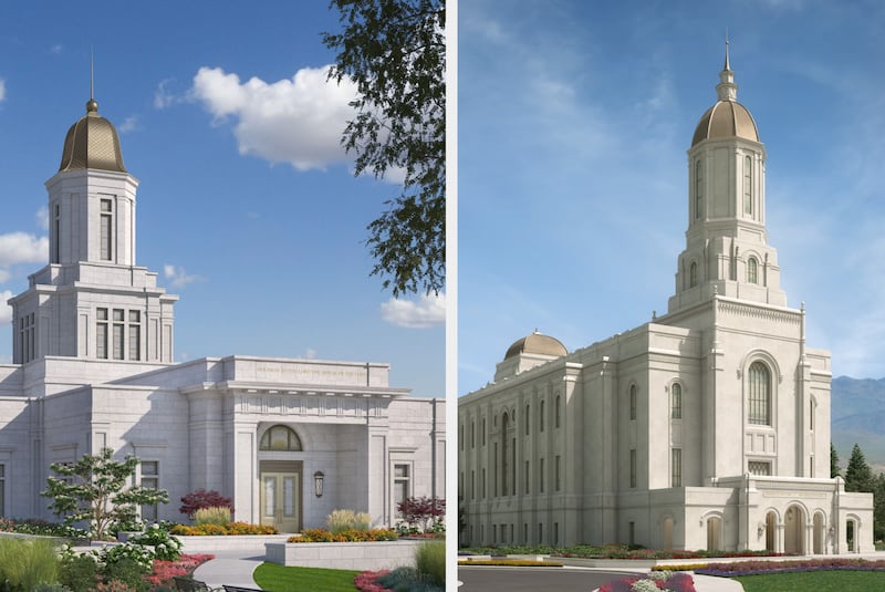 Architectural renderings of the Knoxville Tennessee Temple, left, and Smithfield Utah Temple, right.