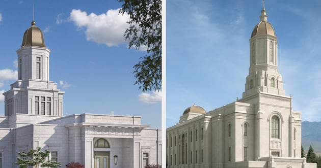 Photo: thechurchnews.com Architectural renderings of the Knoxville Tennessee Temple, left, and Smithfield Utah Temple, right