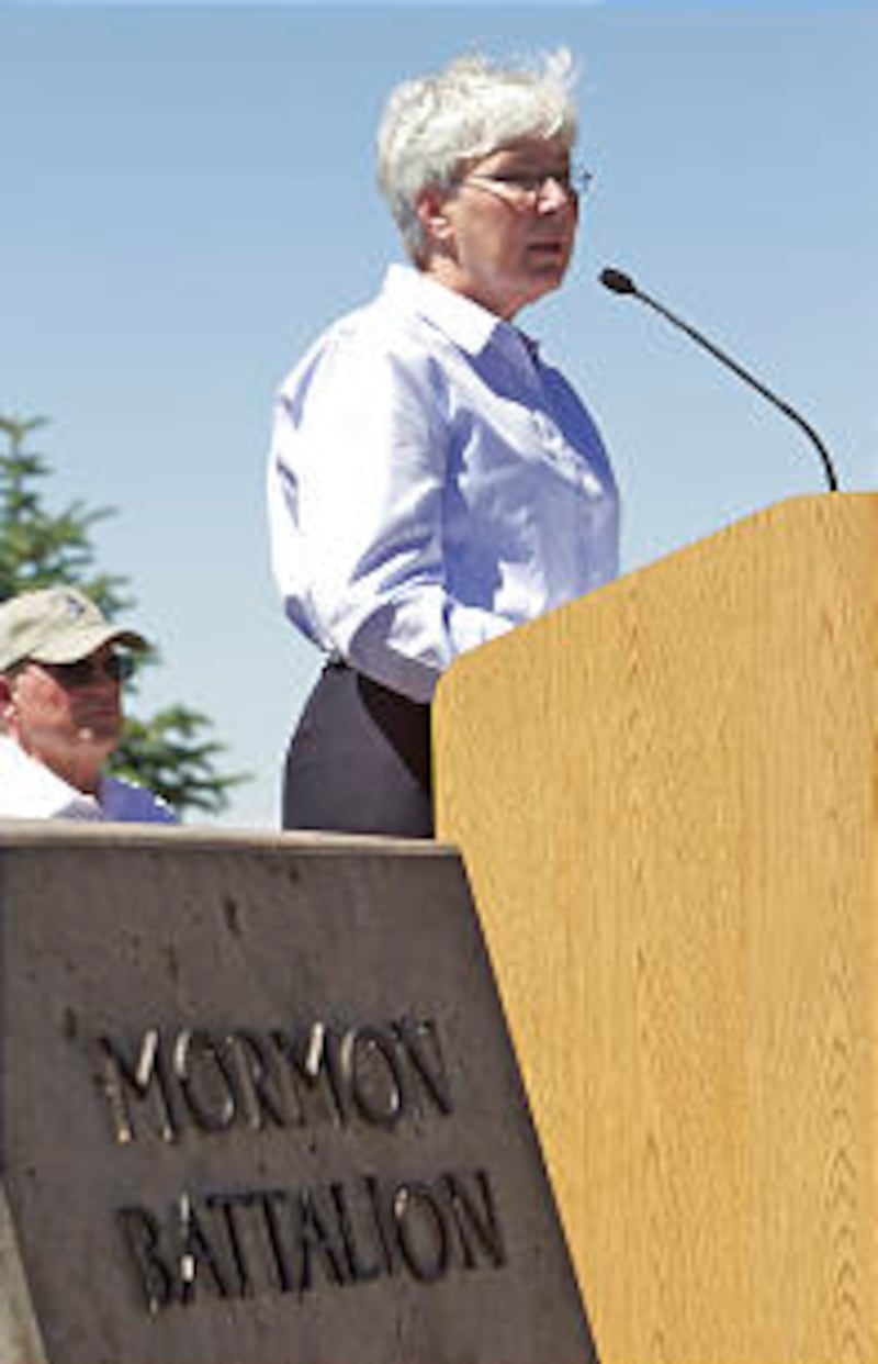 Gail Miller speaks to the crowd gathered to honor the Mormon Battalion.