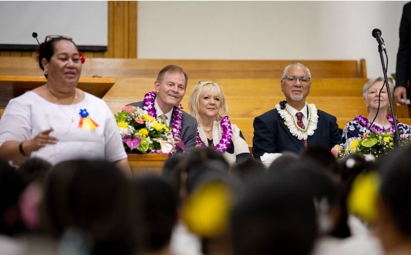 Elder Gary E. Stevenson of the Quorum of the Twelve Apostles and Sister Lesa Stevenson participate in a special stake conference in Pago Pago, American Samoa, on May 24, 2026. Also on the stand is Pula Nikolao Pula, governor of American Samoa, and Lois Pula, the first lady of American Samoa.