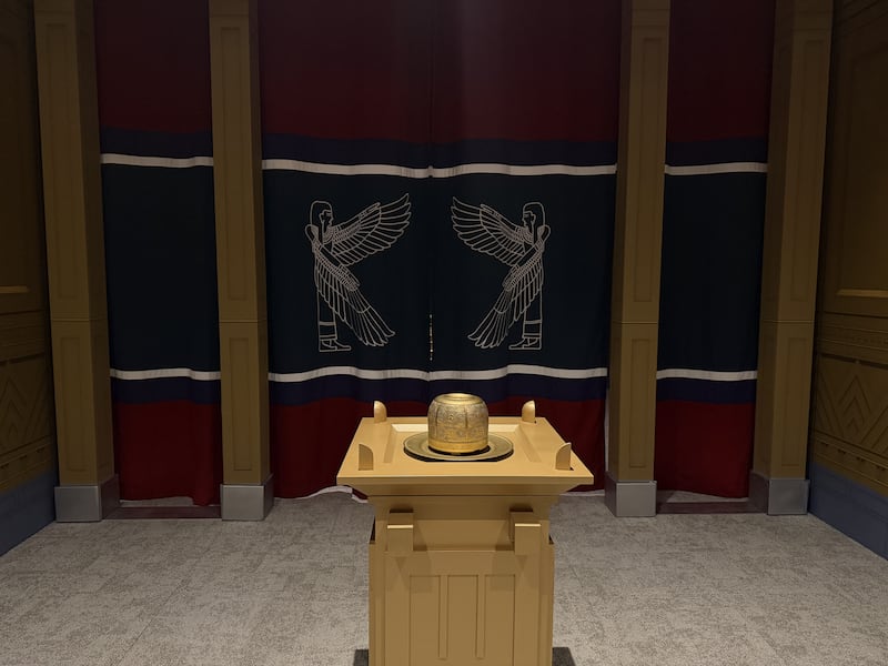 A replica of the altar of incense stands before the veil, separating "the holy place" from the "holy of holies" in the Farmington Utah North Stake's tabernacle replica event, June 18, 2026.