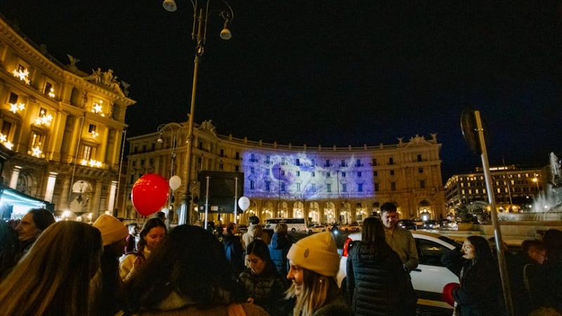 Scenes from the Nativity from the Light the World campaign are projected onto one of the buildings in the Piazza della Repubblica in Rome, Italy, on Dec. 8, 2025.
