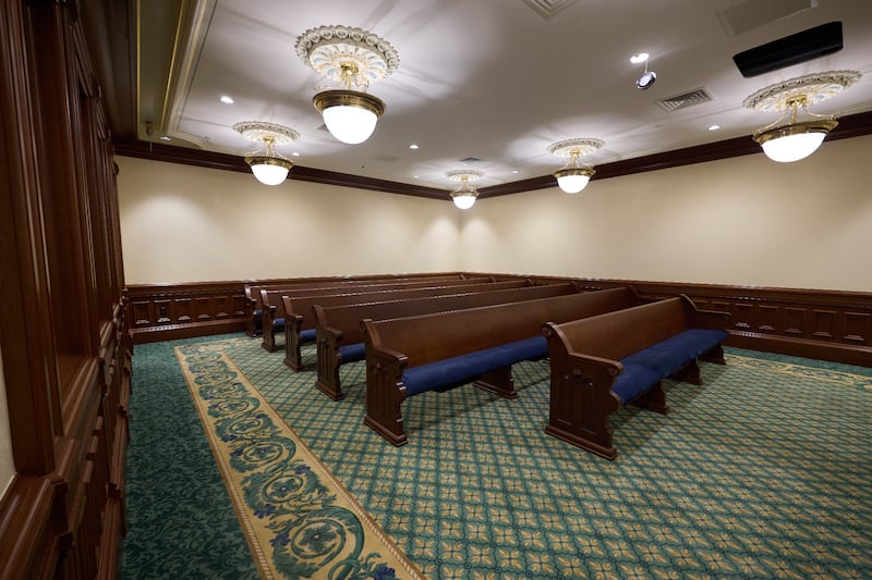 The east font chapel in the Salt Lake Temple on Tuesday, April 21, 2026, in Salt Lake City.