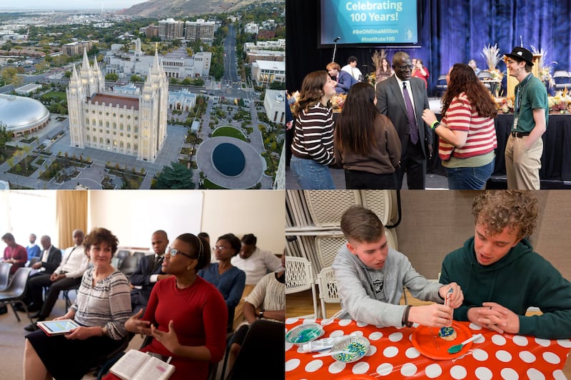 A collage of images including the Salt Lake Temple, Elder Peter M. Johnson, a Sunday School class and a disability activity program.