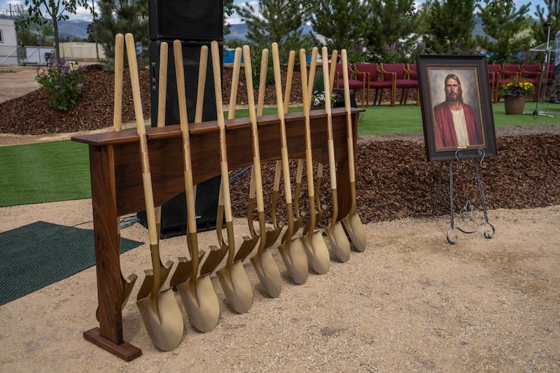 Shovels to be used for the ceremonial turning of the soil at the groundbreaking of the Missoula Montana Temple stand ready.