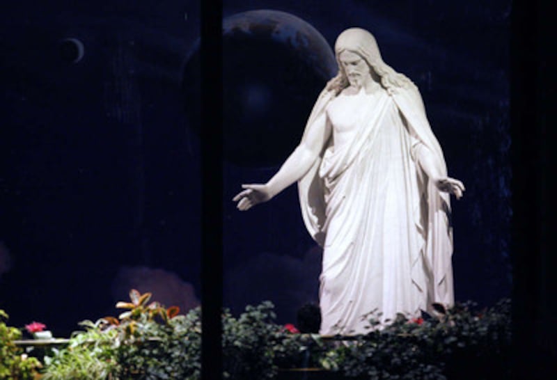 The Christus statue inside the North Visitors' Center on Temple Square during the CES devotional.
