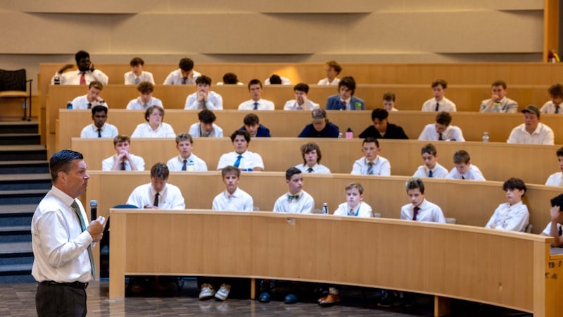 Elder M. Shayne Olsen speaks to youth in a classroom at the For the Strength of Youth conference in Kamloops, British Columbia, Canada, in August 2026.