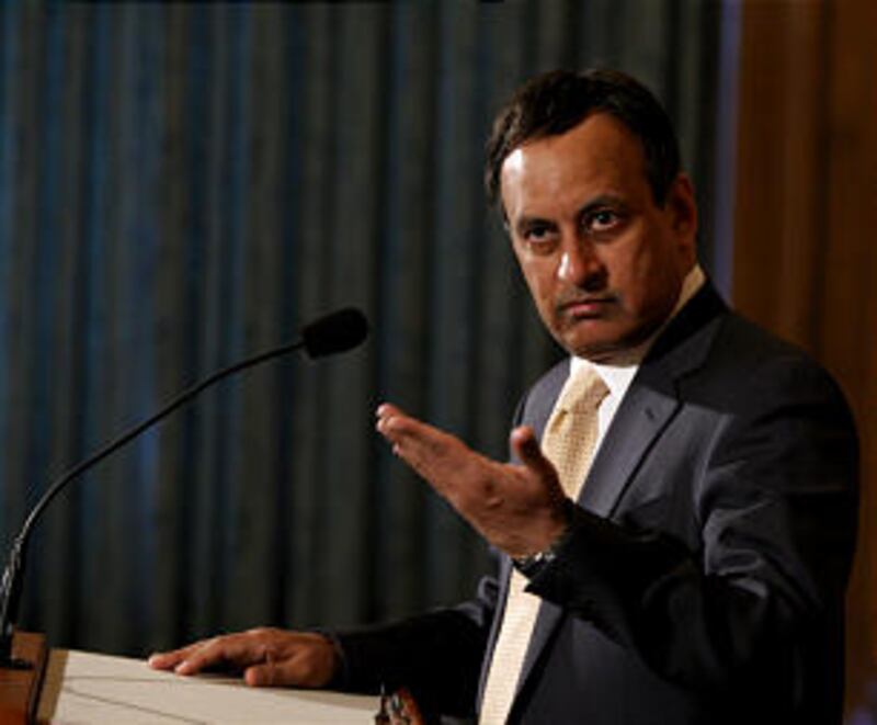 Pakistani ambassador Husain Haqqani speaks during a press conference regarding LDS humanitarian aid