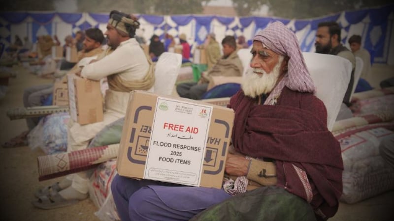 Community members received flood-relief packages provided by The Church of Jesus Christ of Latter-day Saints and the Youth Development Foundation in South Punjab, Pakistan, from late 2025 to early 2026.