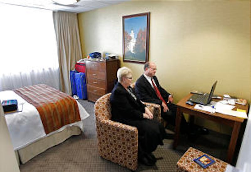 Dennis and Linda McArthur, Iona, Idaho, study in one of the new rooms for senior couples as they pre