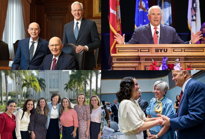 Clockwise from top left: Official portrait of the First Presidency: President Dallin H. Oaks, center, and his counselors, President Henry B. Eyring, first counselor, left, and President D. Todd Christofferson, second counselor; Elder Ronald A. Rasband of the Quorum of the Twelve Apostles speaks at the 2026 Patriotic Service of America’s Freedom Festival in the BYU Marriott Center in Provo, Utah, on Sunday, June 28, 2026; Young Women General President Emily Belle Freeman, center, and her husband, Brother Greg Freeman, right, greet a sister missionary after a devotional at the Provo Missionary Training Center in Provo, Utah, on Tuesday, June 30, 2026; Primary General President Susan H. Porter, center, visits the Rio de Janeiro Brazil Temple, Thursday, June 11, 2026.