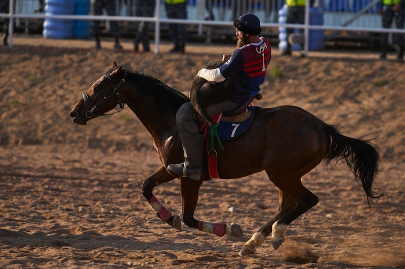 Team USA captain Ladd Howell holds the goat carcass while riding to the goal during a game of Kok-Boru at the sixth World Nomad Games, held Aug. 31 to Sept. 6, 2026, in Bishkek and Cholpon-Ata, Kyrgyzstan.