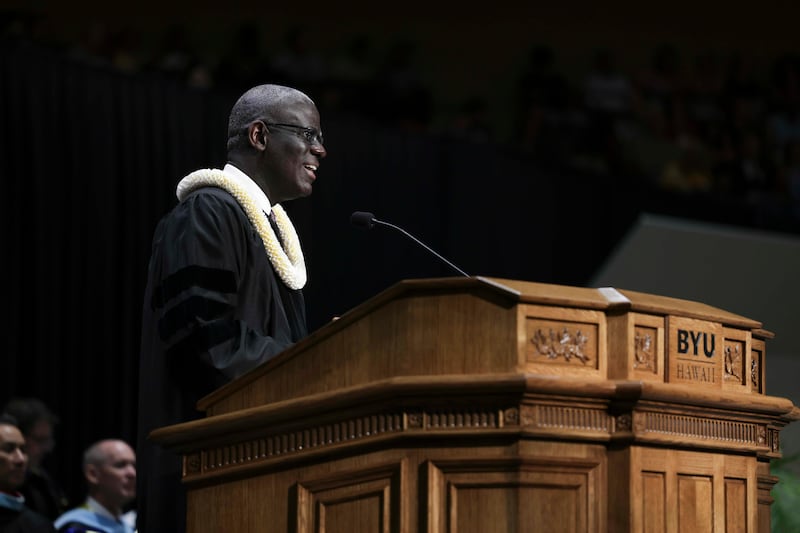 Elder Peter M. Johnson, a General Authority Seventy, speaks during BYU–Hawaii commencement on Friday, April 17, 2026, in the Cannon Activities Center in Laie, Hawaii.