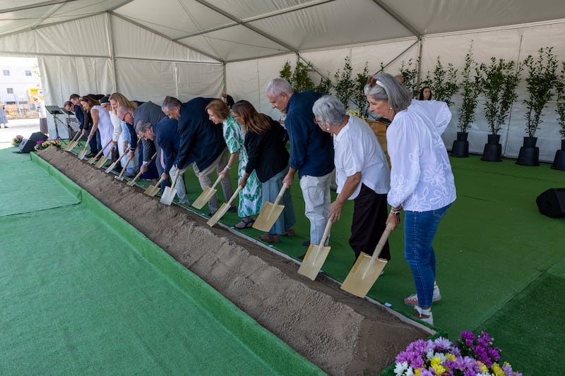 Local Latter-day Saints and community members break ground for the Barcelona Spain Temple on Saturday, Sept. 19, 2026, in Barcelona, Catalonia, Spain. Elder James W. McConkie III, eighth from right, and his wife, Sister Laurel McConkie, ninth from right, joined in breaking ground.