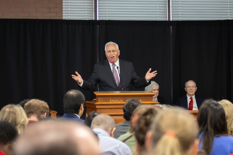 Elder Rubén V. Alliaud speaks to Ensign College students in Salt Lake City for the weekly devotional on Tuesday, Sept. 15, 2026.