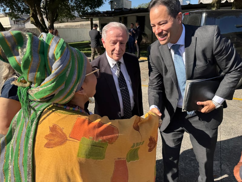 Elder Ronald M. Barcellos, a General Authority Seventy and counselor in the Brazil Area presidency, right, talks with attendees at the groundbreaking ceremony for the Santos Brazil Temple on Saturday, Aug. 1, 2026, in Santos, Brazil.
