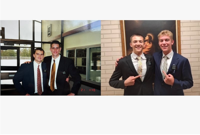 Two pictures show two fathers on their missions in Ohio and their sons on their missions in Argentina.