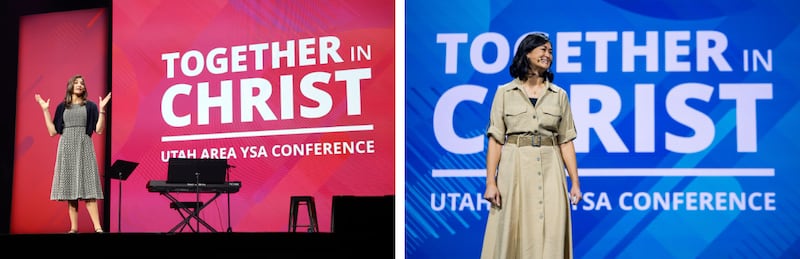 From left to right: Sister Andrea Muñoz Spannaus, second counselor in the Young Women general presidency, gives a keynote address during the 2026 Utah Area YSA Conference at the Salt Palace Convention Center in Salt Lake City on Friday, Aug. 14, 2026; Sister Kristin M. Yee delivers the keynote address during the 2026 Utah Area YSA Conference at the Salt Palace Convention Center in Salt Lake City on Saturday, Aug. 15, 2026.