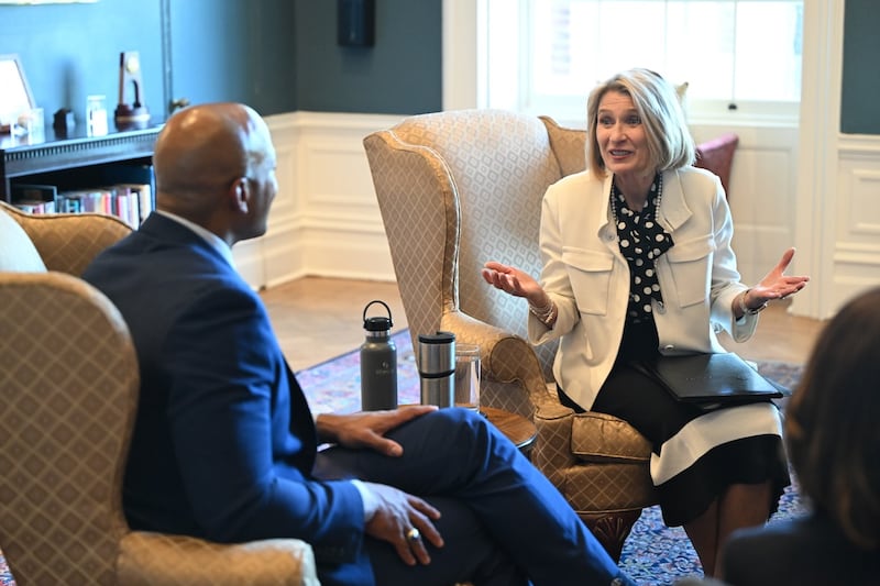 President Camille N. Johnson speaks with Maryland Governor Wes Moore in his office in Annapolis, Maryland, on Friday, May 15, 2026.