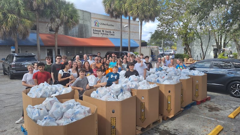 Youth of the Coral Springs Florida Stake of The Church of Jesus Christ of Latter-day Saints prepare donated items in Fort Lauderdale, Florida, at the LifeNet4Families on Feb. 13, 2026.