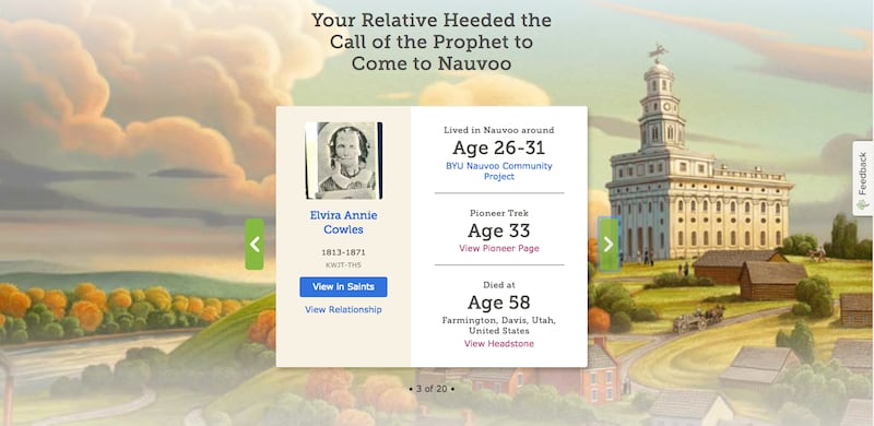 A screenshot of an individual featured in FamilySearch's My Nauvoo Ancestor Story website.