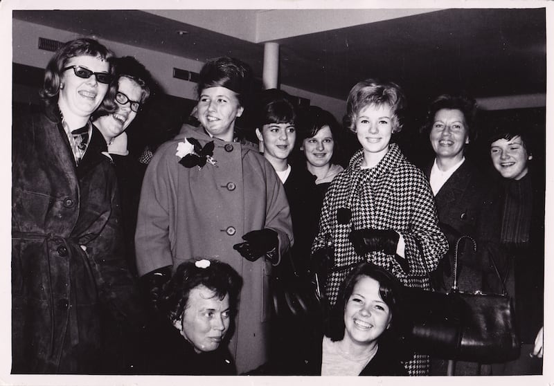 Lisbeth Pettersson, center left, with family and friends at the airport before leaving for America in 1964. Left to right: Lena Lindberg, Gull-brit Bjorklund, Lisbeth Pettersson, Ann-Marie Pettersson, a work friend, Margareta Johansson, Alice Pettersson, and former co-workers.