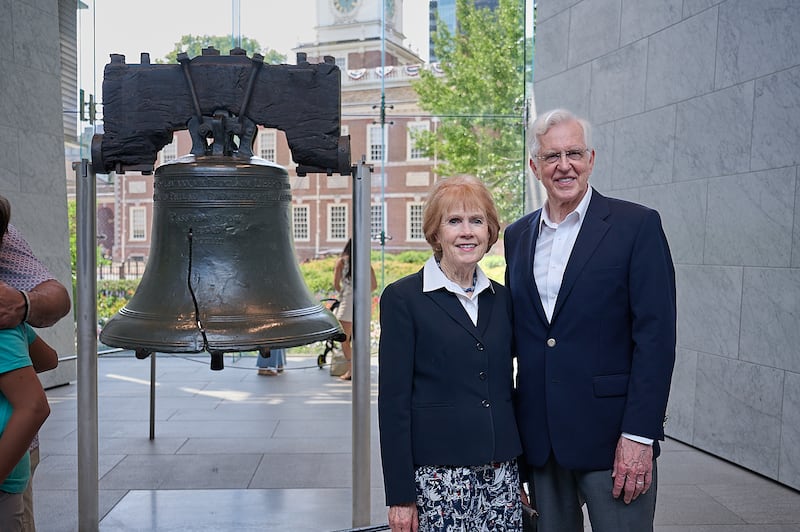 President D. Todd Christofferson, second counselor in the First Presidency, and his wife, Sister Kathy Christofferson, stand next to the Liberty Bell in Philadelphia, Pennsylvania, on Friday, June 12, 2026.