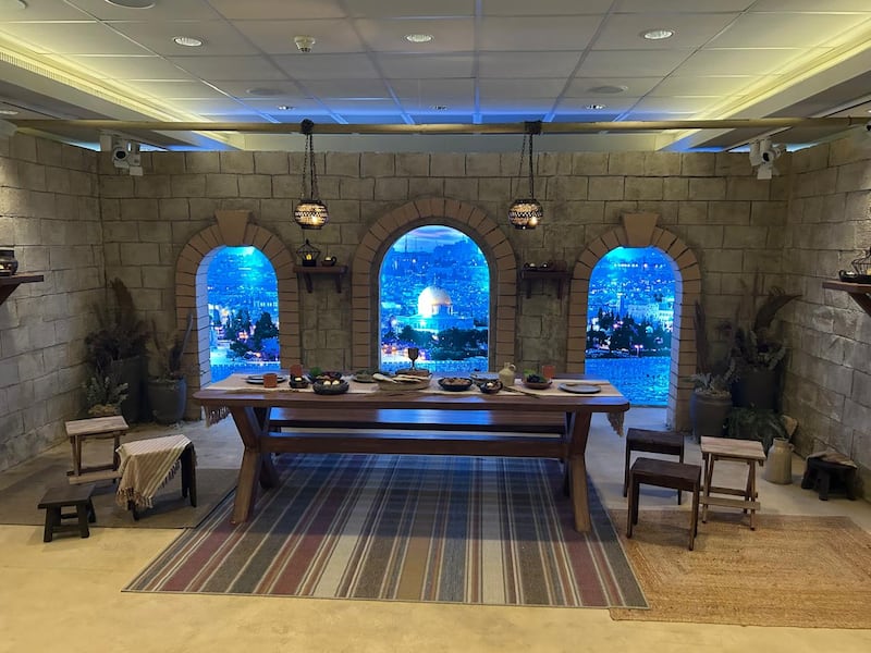 An exhibit symbolizes the Last Supper at the visitors' center by the São Paulo Brazil Temple in April 2025.