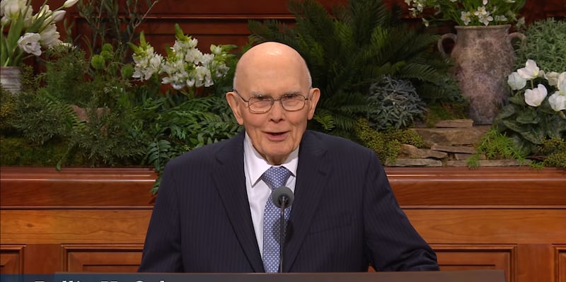 Church President Dallin H. Oaks speaks during the Saturday morning session of the 196th Annual General Conference of The Church of Jesus Christ of Latter-day Saints in the Conference Center in Salt Lake City on April 4, 2026.