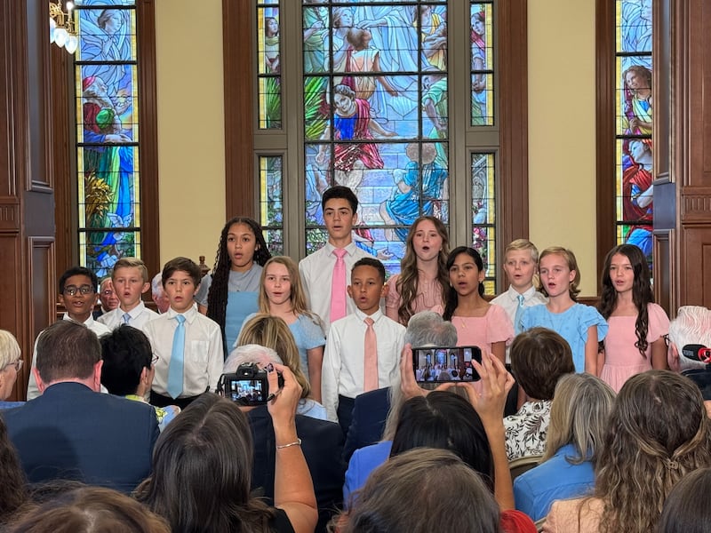 A children's choir sings at the media event Tuesday, Sept. 1, 2026, in Salt Lake City announcing the theme "Rejoice in Christ" for The Church of Jesus Christ of Latter-day Saints' upcoming open house and celebration of the historic Salt Lake Temple.