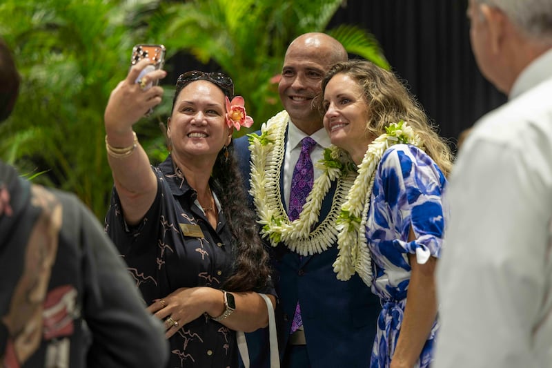 BYU–Hawaii President John S.K. Kauwe III and his wife, Sister Monica Kauwe, greet students and faculty following devotional held in the Cannon Activities Center in Laie, Hawaii, on Tuesday, Sept. 8, 2026.