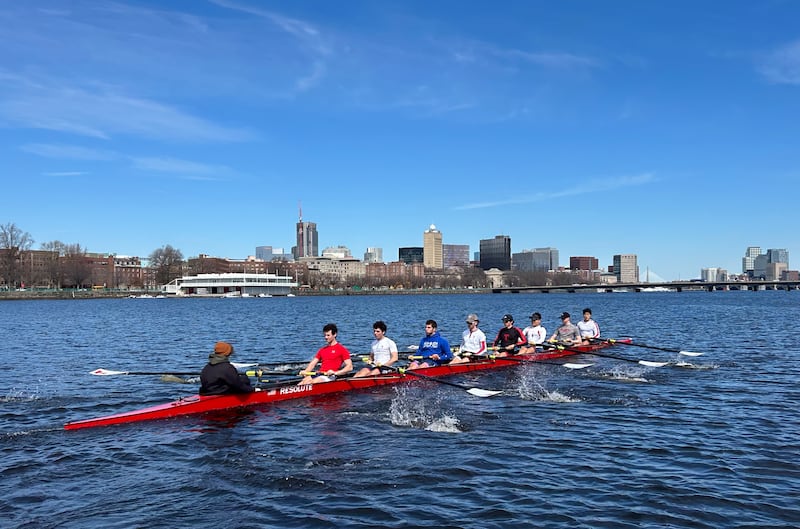 Isaac Clayton rows with his MIT teammates on the Charles River in Cambridge, Massachusetts, Wednesday, March 25. 2026.