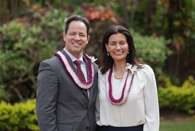 Elder Ronald M. Barcellos, a General Authority Seventy, and his wife, Sister Karin S.A. Barcellos, pose for a photo prior to speaking at a BYU–Hawaii devotional on Tuesday, Feb. 24, 2026.
