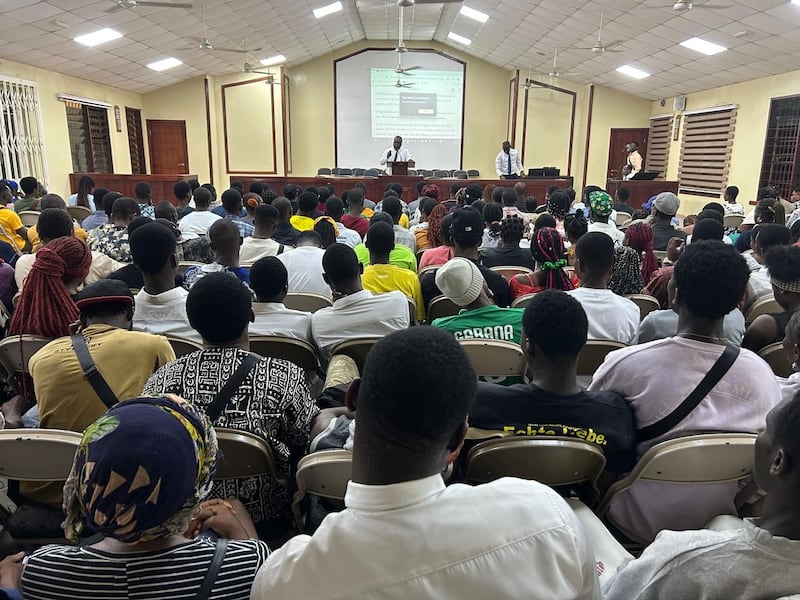 Poda Diornité, the French region director of Seminaries and Institute for the Africa West Area, addresses young single adults during a devotional held in Lomé, Togo, Sept. 29, 2025.