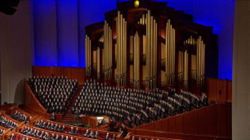 Priesthood choir comprising of students from BYU performs during evening priesthood session.
