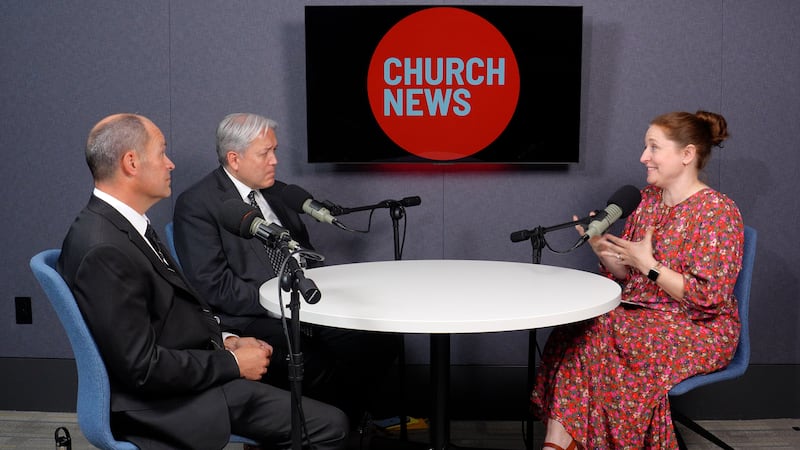 Ensign College professors Kurt Fertig, left, and Joseph Kerry, center, discuss the First Presidency’s invitation to remember "religious freedom and our God-given agency" on America's 250th anniversary, with Church News reporter Mary Richards, right, during a Church News podcast episode released Tuesday, June 30, 2026.