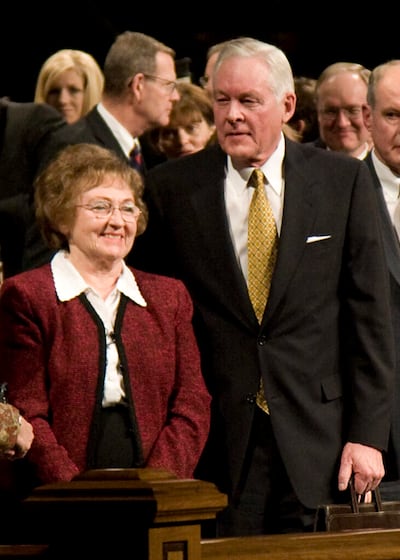 Elder Earl C. Tingey of the Presidency of the Seventy and his wife, Sister Joanne Wells, prior to speaking at the Church Educational System fireside in the Marriott Center Sunday Jan. 13, 2004. Photo by Brea Runyan