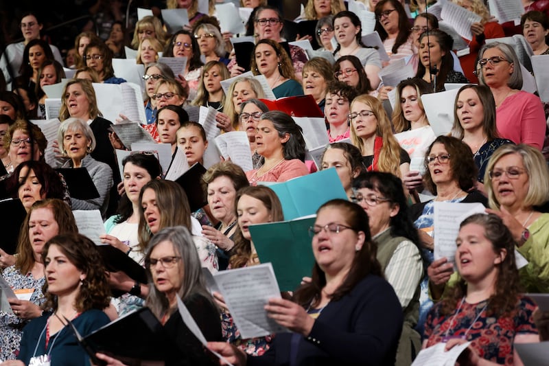 An “instant choir” performs during the BYU Women’s Conference in Provo, Utah, on Thursday, May 4, 2023.