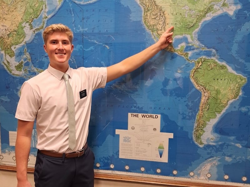 Joshua Farrell points to the Oklahoma City Mission preparing for full-time Spanish-speaking ministry in Provo, Utah, on September 16, 2024.