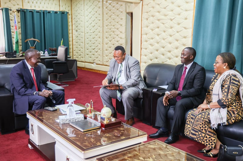 Church and government leaders meet in Kajiado County, Kenya, on July 30, 2025. From left: Gov. Joseph Ole Lenku, governor of Kajiado County; Elder Thierry K. Mutombo; General Authority Seventy and Africa Central Area president; President Peter Ondigo, Nairobi Kenya West Stake president; Claudine Isekusu, area communication and publishing director.