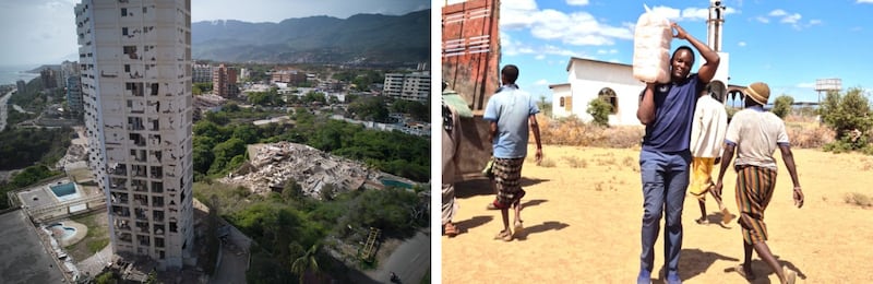From left to right: Damaged buildings stand a day after earthquakes struck La Guaira, Venezuela, Thursday, June 25, 2026; Denis Mukasa, the humanitarian manager in the Church's Africa Central Area, unloads food for distribution in Korr, Kenya, May 29, 2026.