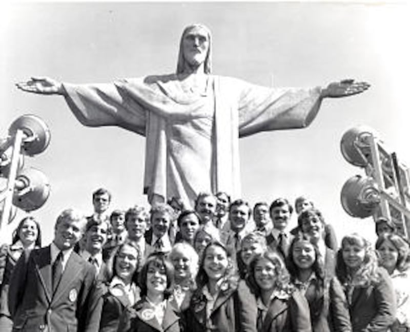 During a tour in 1974 to South America, the Young Ambassadors posed for a photo at the base of "Chri