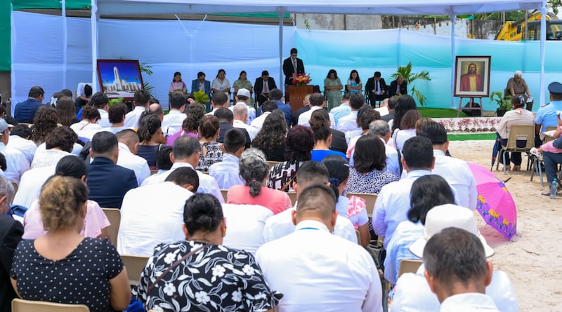 Church leaders and members — joined by government officials and community representatives — participate in the groundbreaking ceremony for the Iquitos Peru Temple in Iquitos, Peru, on Saturday, Oct. 10, 2026.